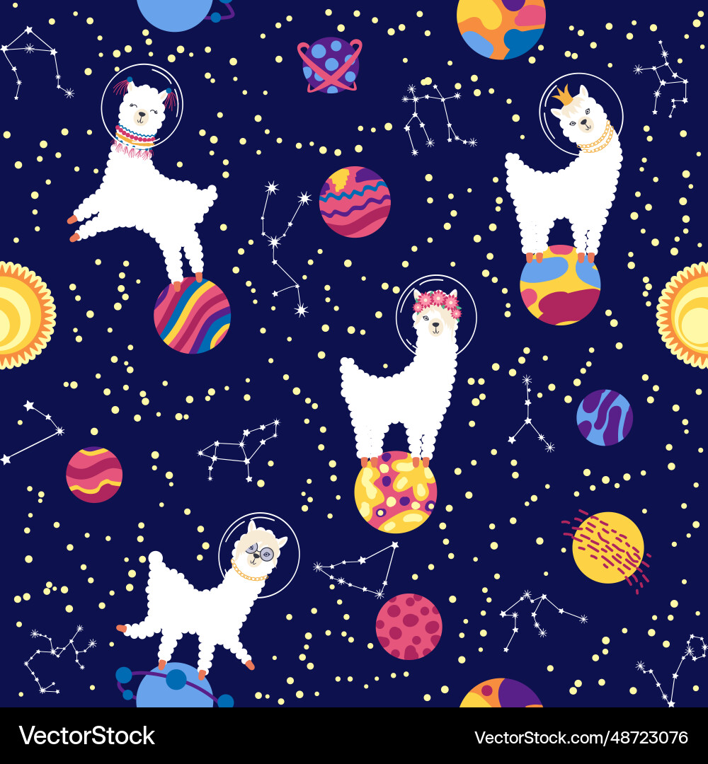 Seamless pattern with lama in a rocket space Seamless pattern with lama in a rocket space Vector Image