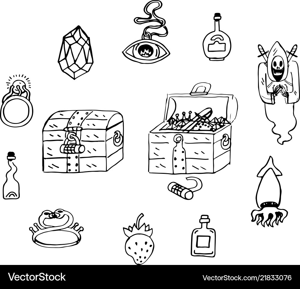 Treasure chest cartoon stickers sketch hoard save Vector Image