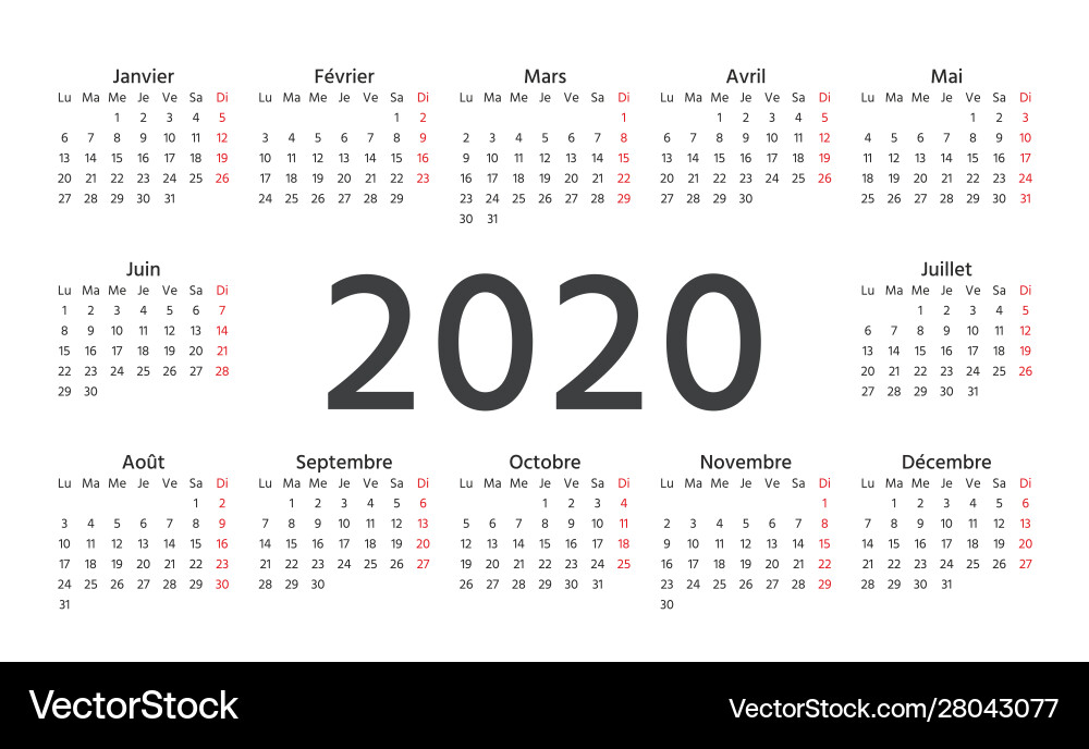 2020 french calendar template year planner 2020 french calendar template year planner vector image