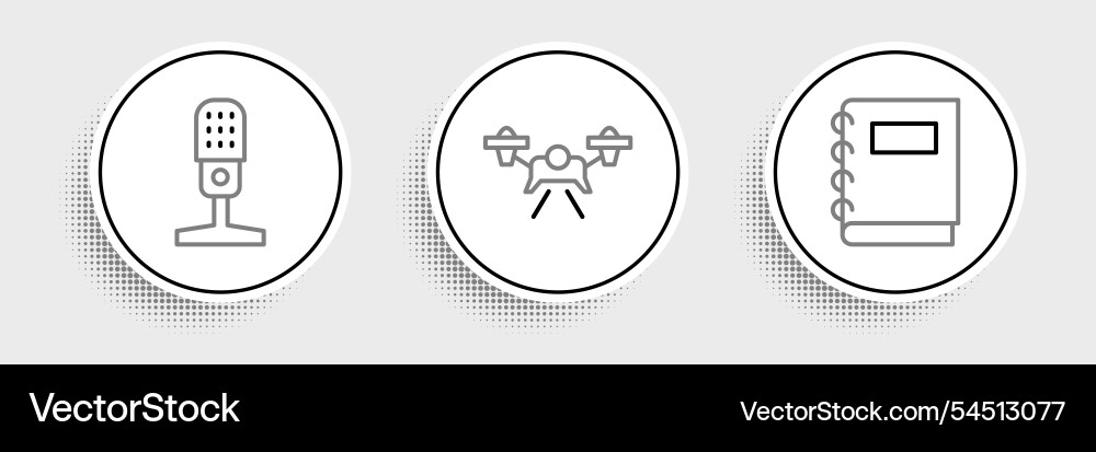 Set line notebook microphone and drone icon Set line notebook microphone and drone icon vector image