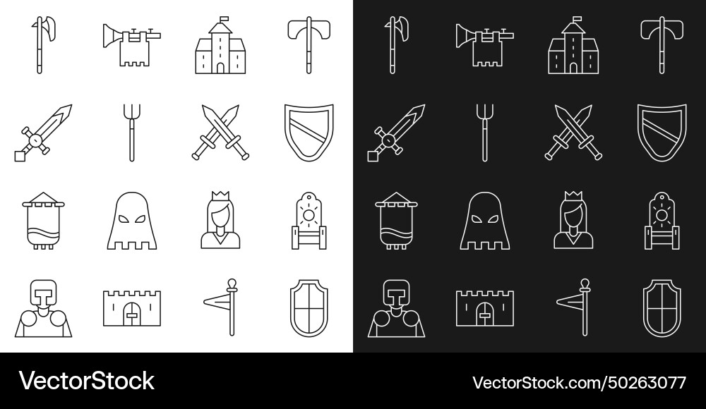 Set line shield medieval throne castle fortress Set line shield medieval throne castle fortress vector image