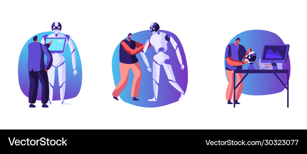 Set scientists characters create cyborgs vector image