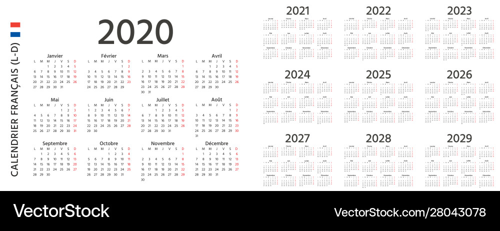 2020 french calendar template year planner 2020 french calendar template year planner vector image