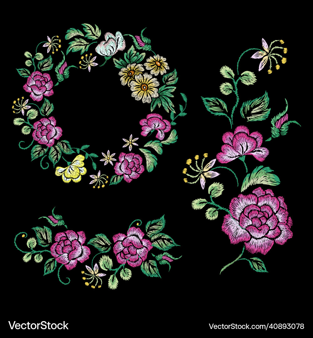 Floral vintage embroidery oriental flowers rose vector image