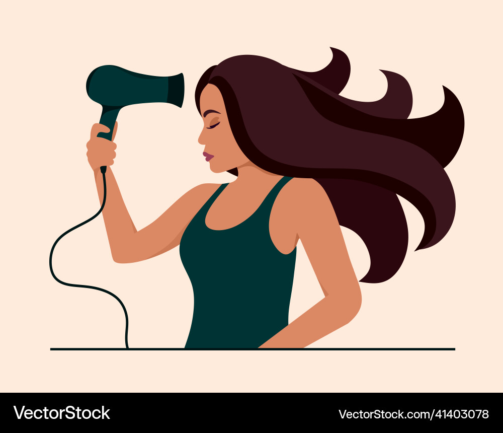 Mädchen trocknet ihre Haare mit einer Haarpflege Mädchen trocknet ihre Haare mit einer Haarpflege vektorbild