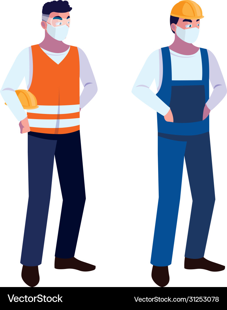 Men operators with masks and reflective vests Men operators with masks and reflective vests Vector Image