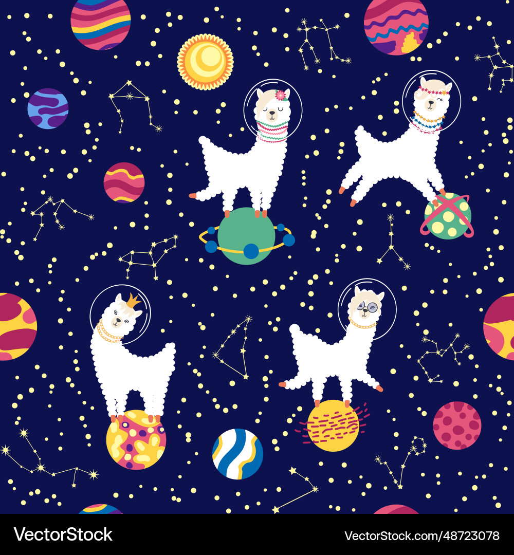 Seamless pattern with lama in a rocket space Vector Image