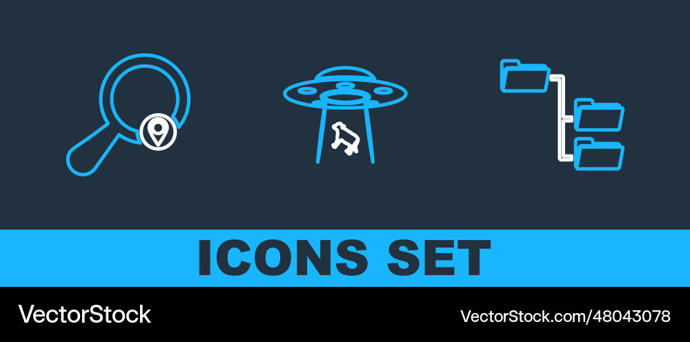Set line folder tree search location and ufo Set line folder tree search location and ufo vector image