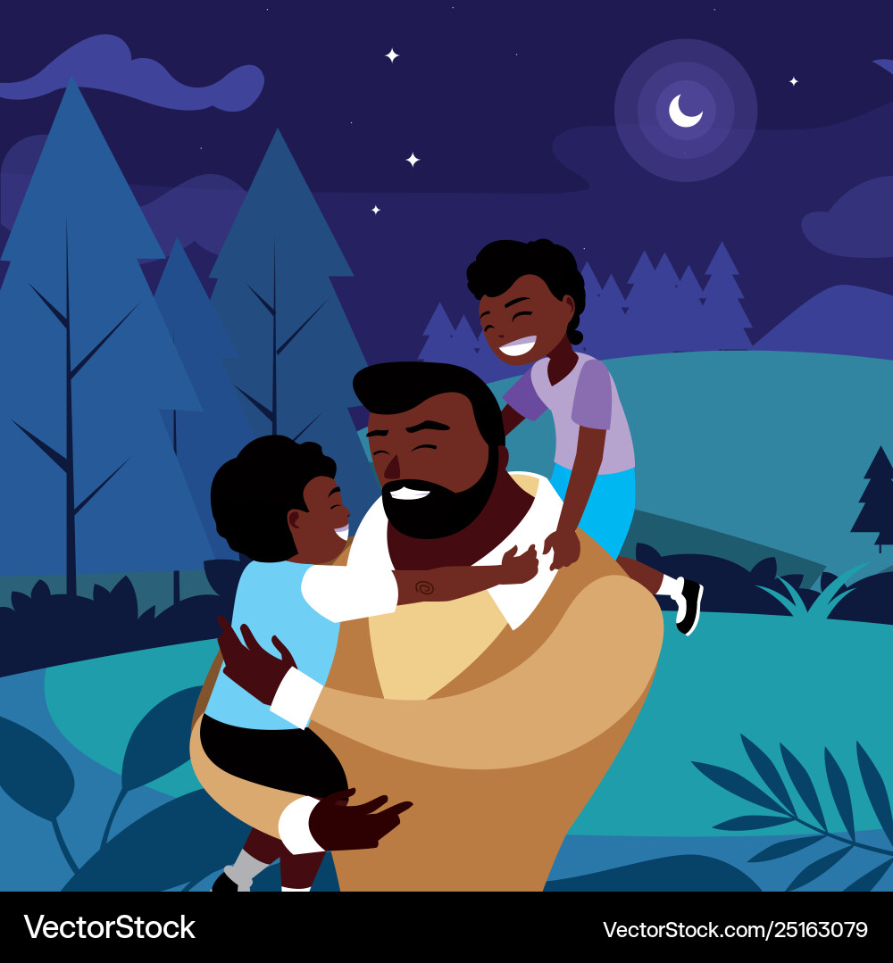 Afro father with sons characters in field Vector Image