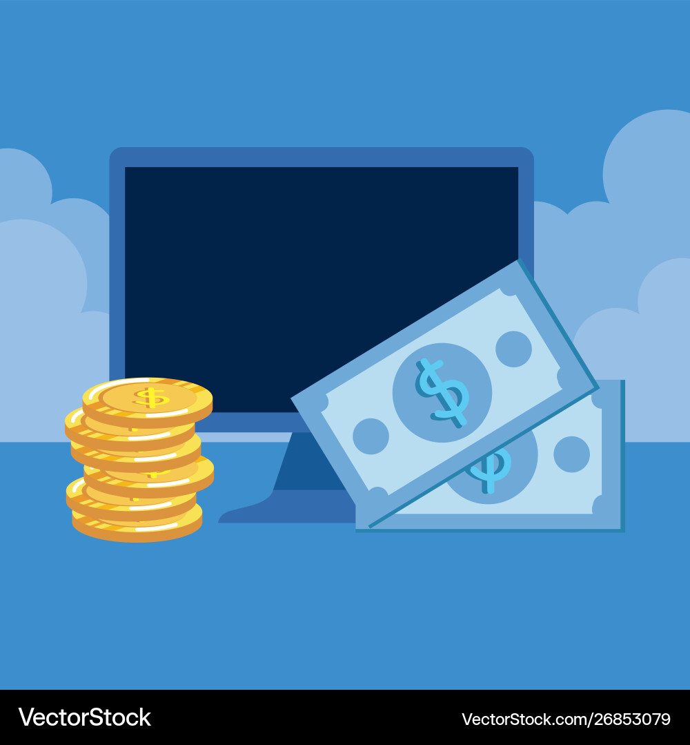 Desktop computer with bills and coins Vector Image