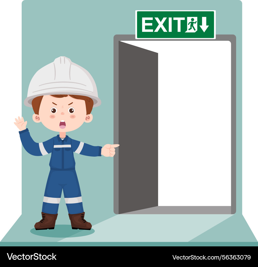 Engineer pointing to emergency exit Vector Image