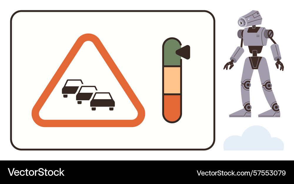 Robot monitoring traffic congestion with signal Robot monitoring traffic congestion with signal vector image