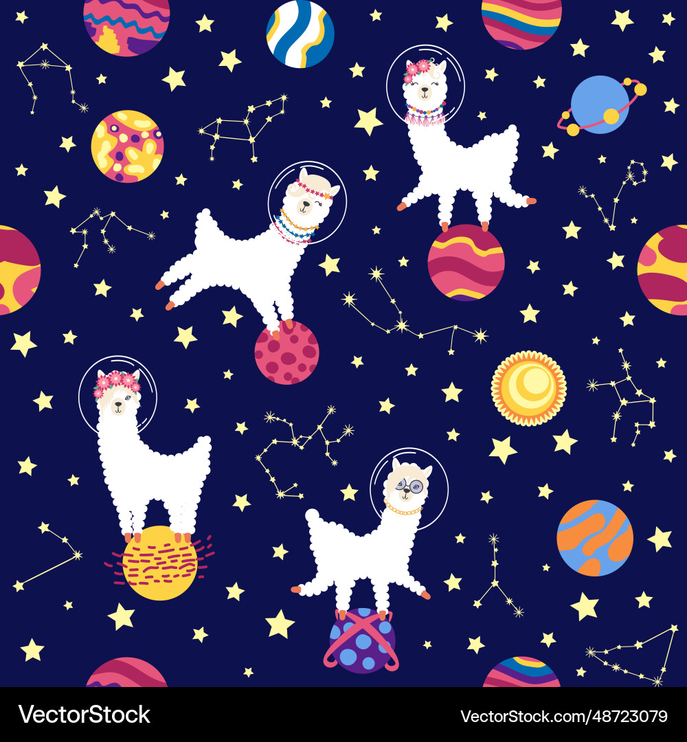 Seamless pattern with lama in a rocket space Seamless pattern with lama in a rocket space Vector Image