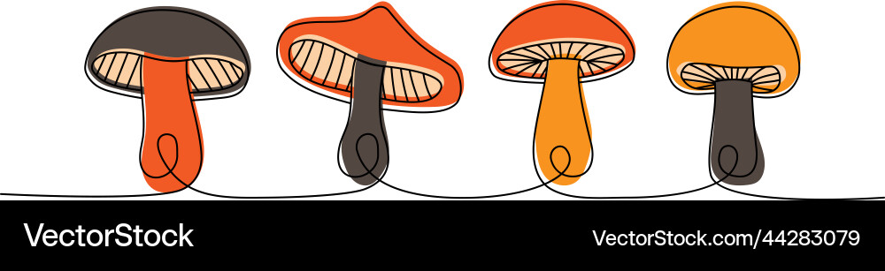 Set of mushroom one line colored continuous vector image