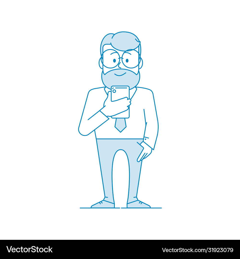 Smiling man browses message on a smartphone Smiling man browses message on a smartphone Vector Image