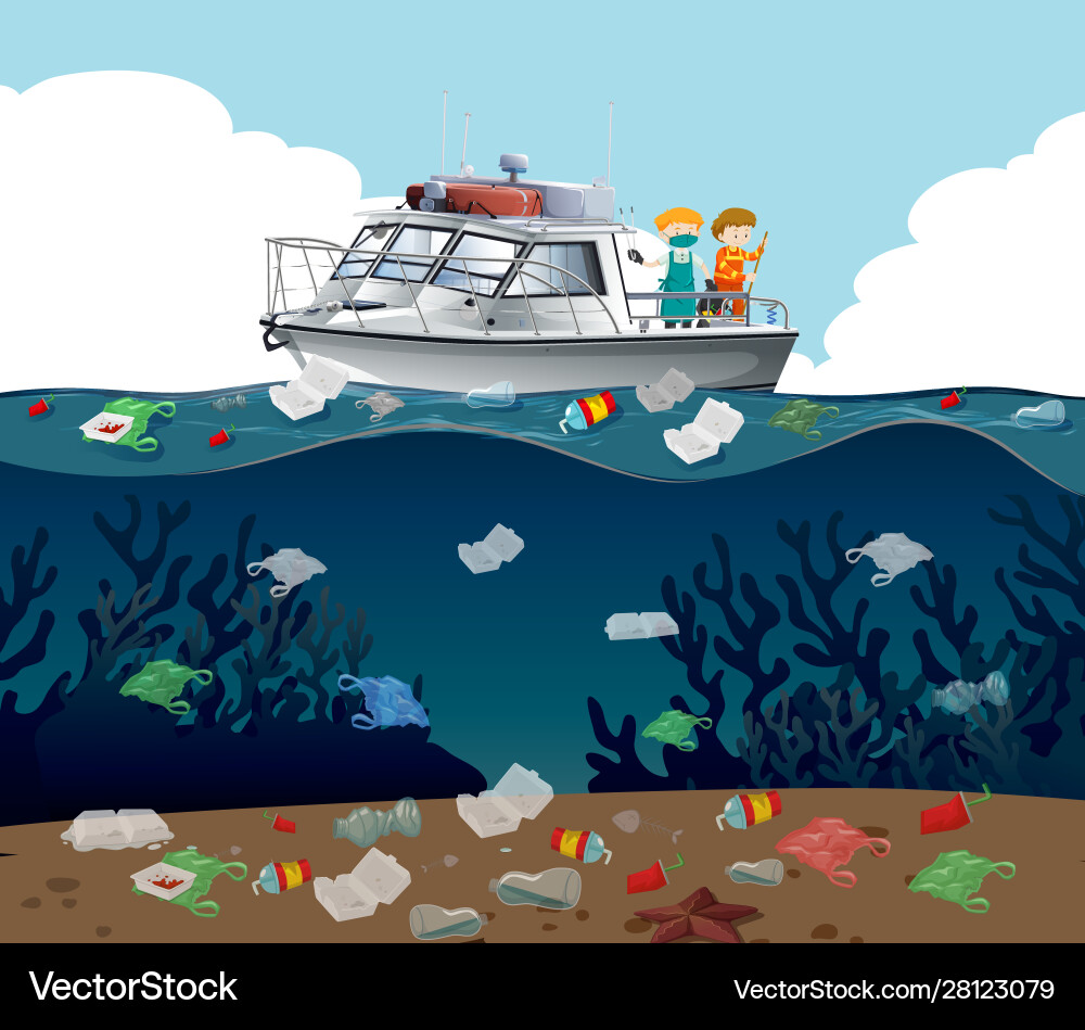 Water pollution poster with trash in ocean vector image