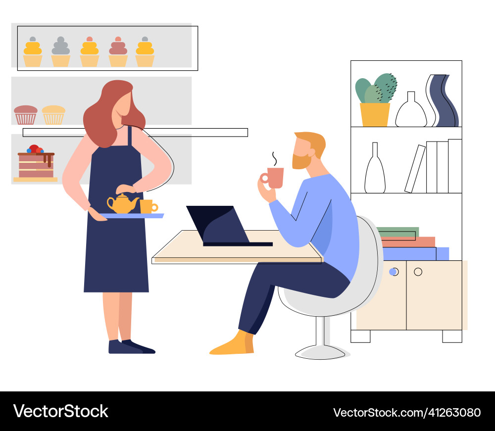 Ein Mann im Café mit Laptop bringt die Kellnerin Ein Mann im Café mit Laptop bringt die Kellnerin vektorbild