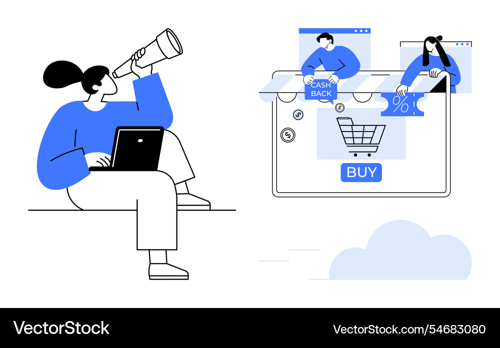 Person using laptop with telescope to observe Person using laptop with telescope to observe vector image