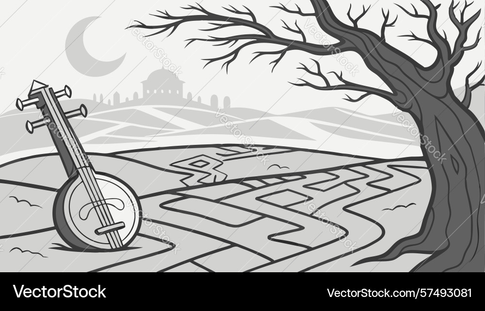 Lute in maze landscape with bare tree symbolic vector image