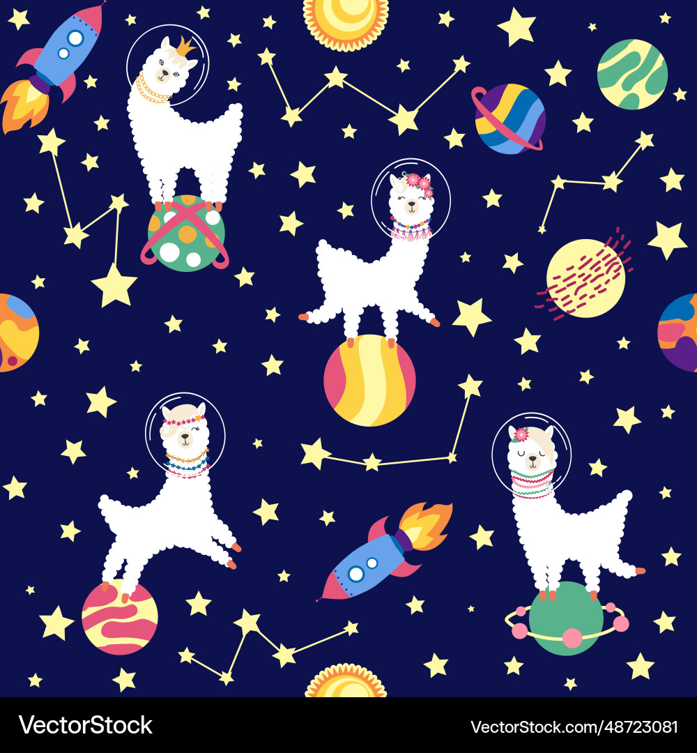 Seamless pattern with lama in a rocket space Vector Image