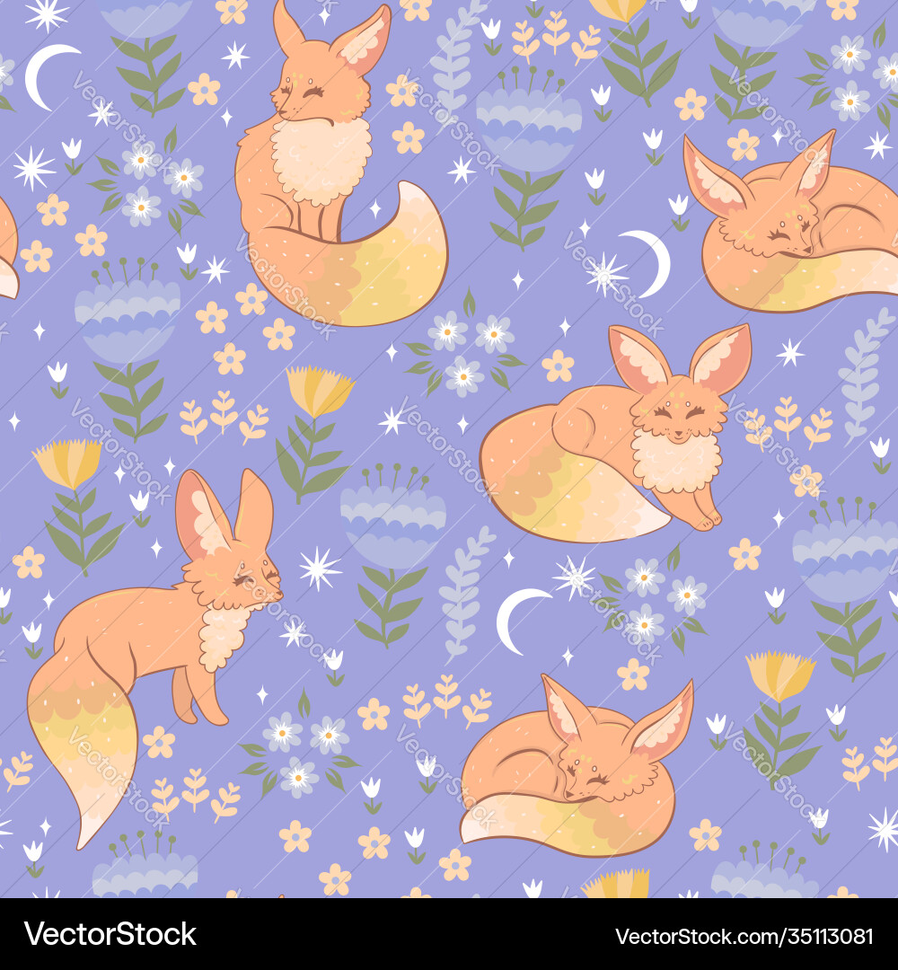 Spring foxes and flora seamless pattern graphics Spring foxes and flora seamless pattern graphics vector image
