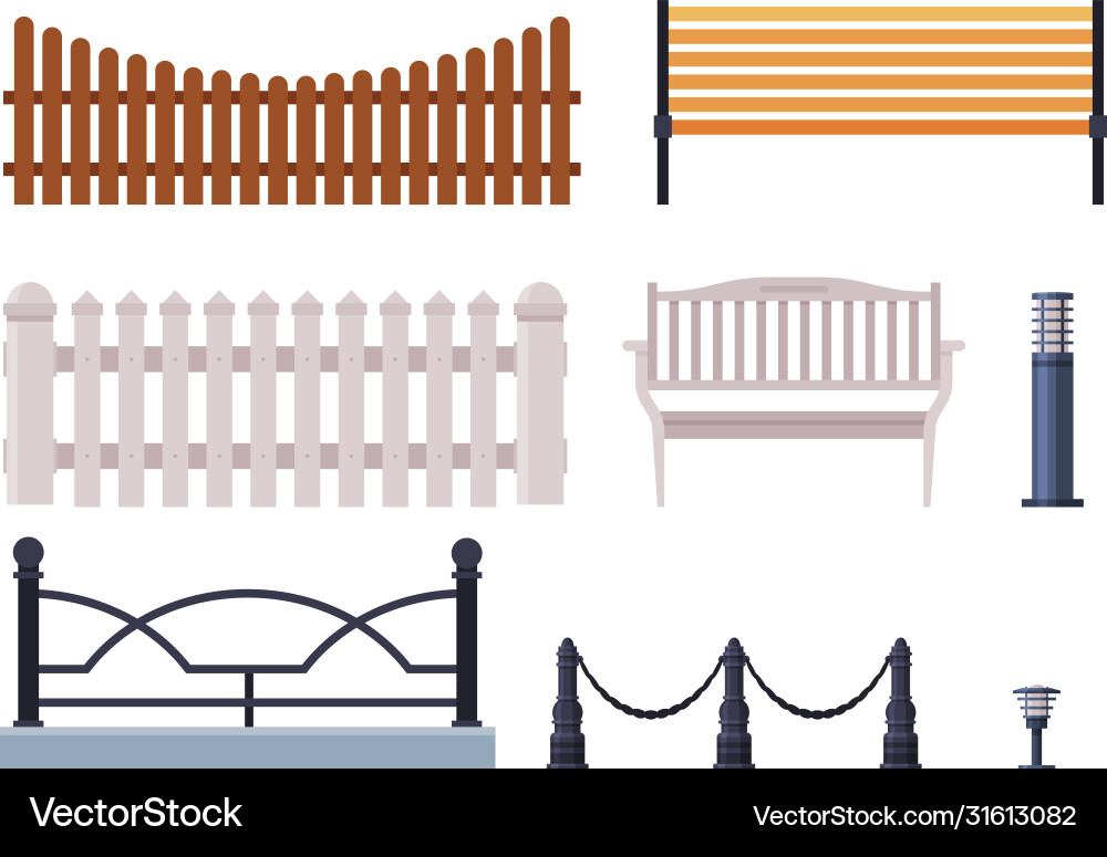 Decorative fences collection wooden wrought iron Decorative fences collection wooden wrought iron vector image