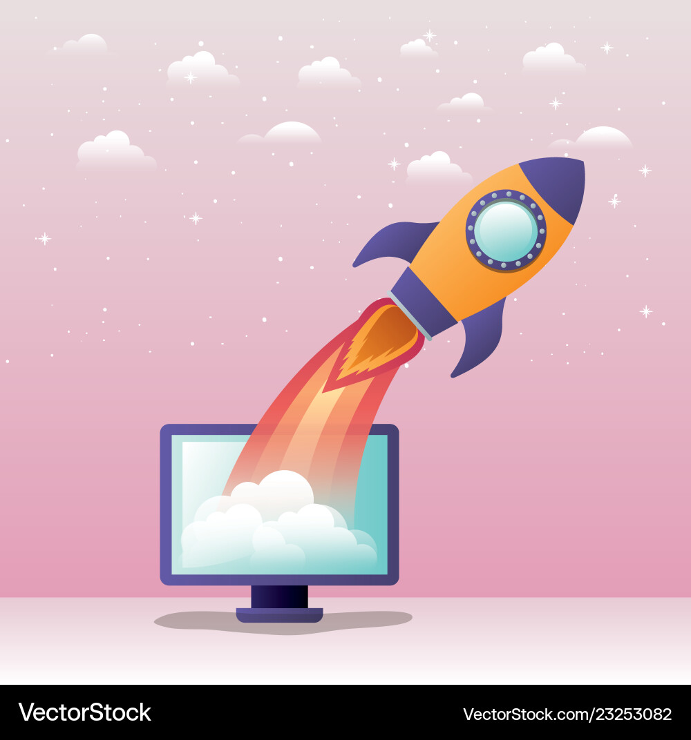 Rocket start up with desktop computer Rocket start up with desktop computer vector image