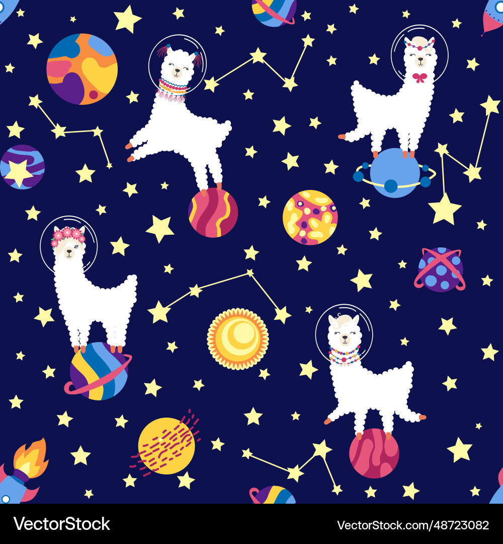 Seamless pattern with lama in a rocket space Seamless pattern with lama in a rocket space Vector Image