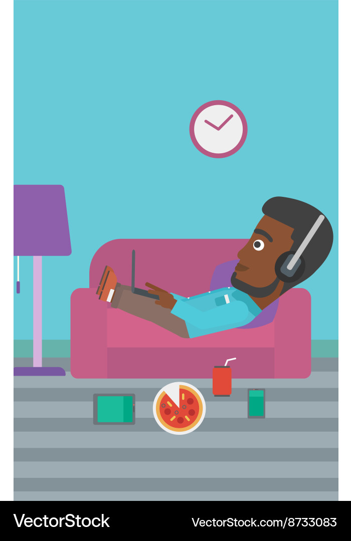 Man lying on sofa with many gadgets Vector Image