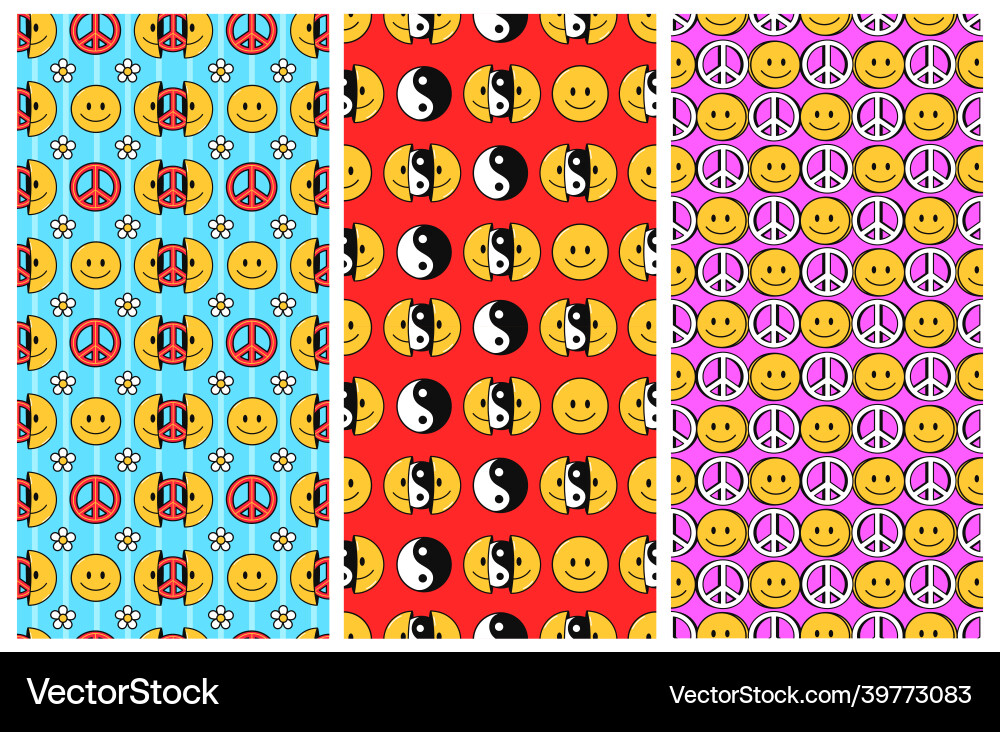 Smile face 3 seamless patterns with yin yang Smile face 3 seamless patterns with yin yang vector image