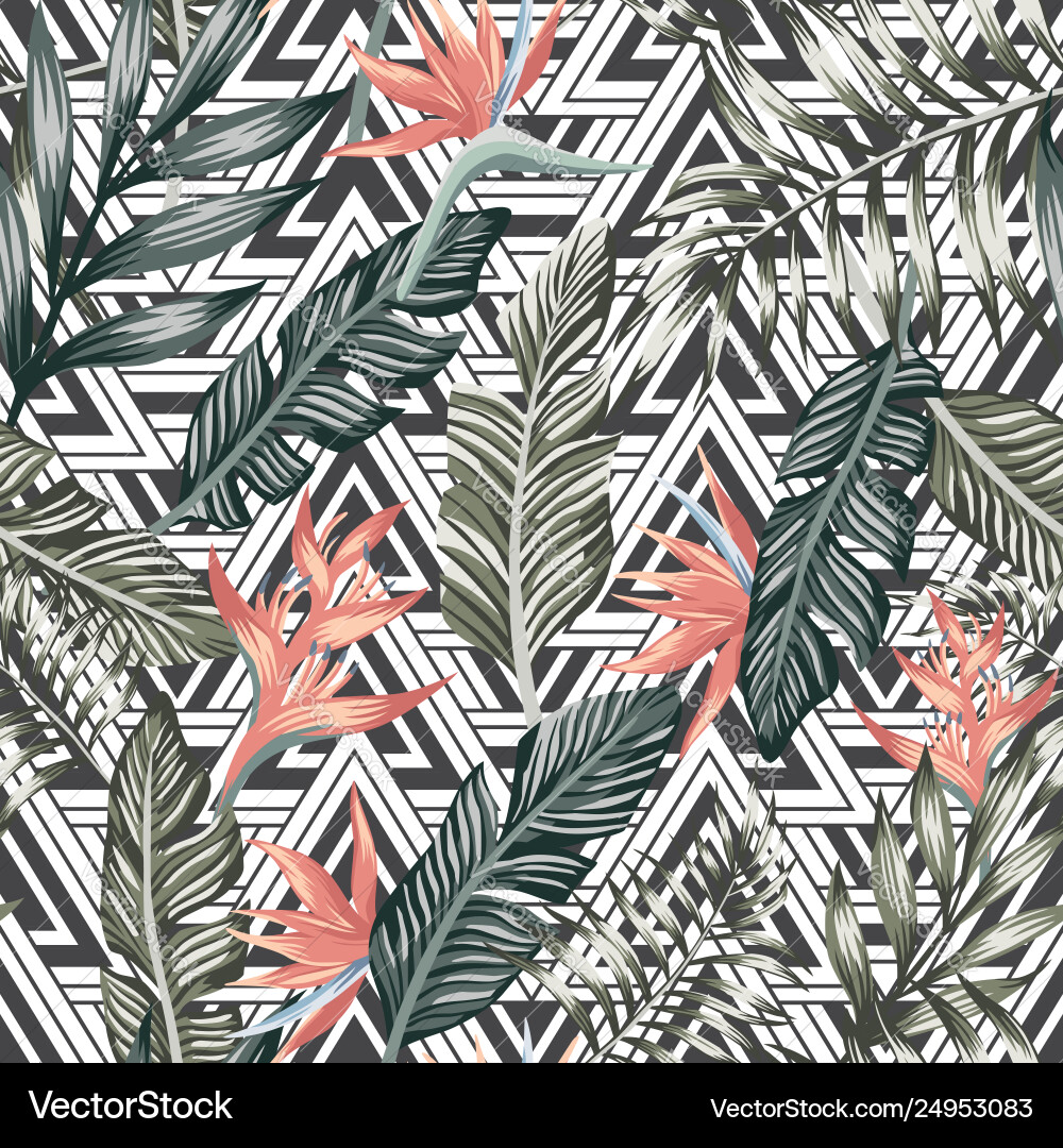 Tropical Palm & Flower Pattern Vector Image