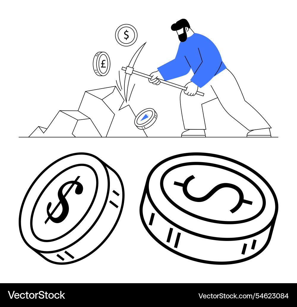 Man mining cryptocurrency with pickaxe two large Man mining cryptocurrency with pickaxe two large vector image
