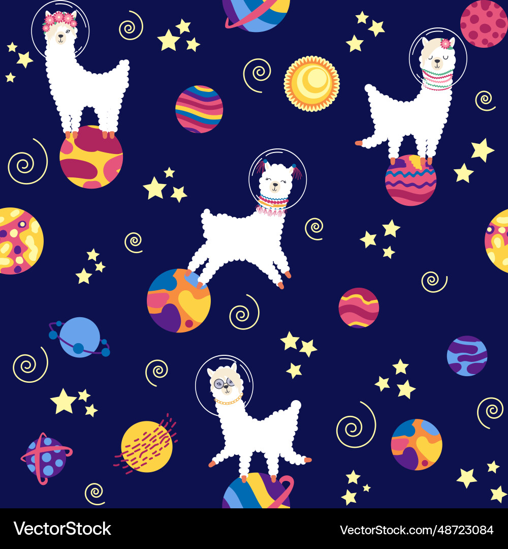 Seamless pattern with lama in a rocket space Seamless pattern with lama in a rocket space Vector Image