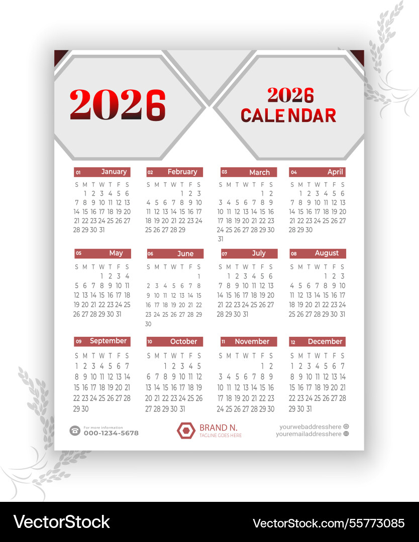 2026 calendar template Royalty Free Vector Image