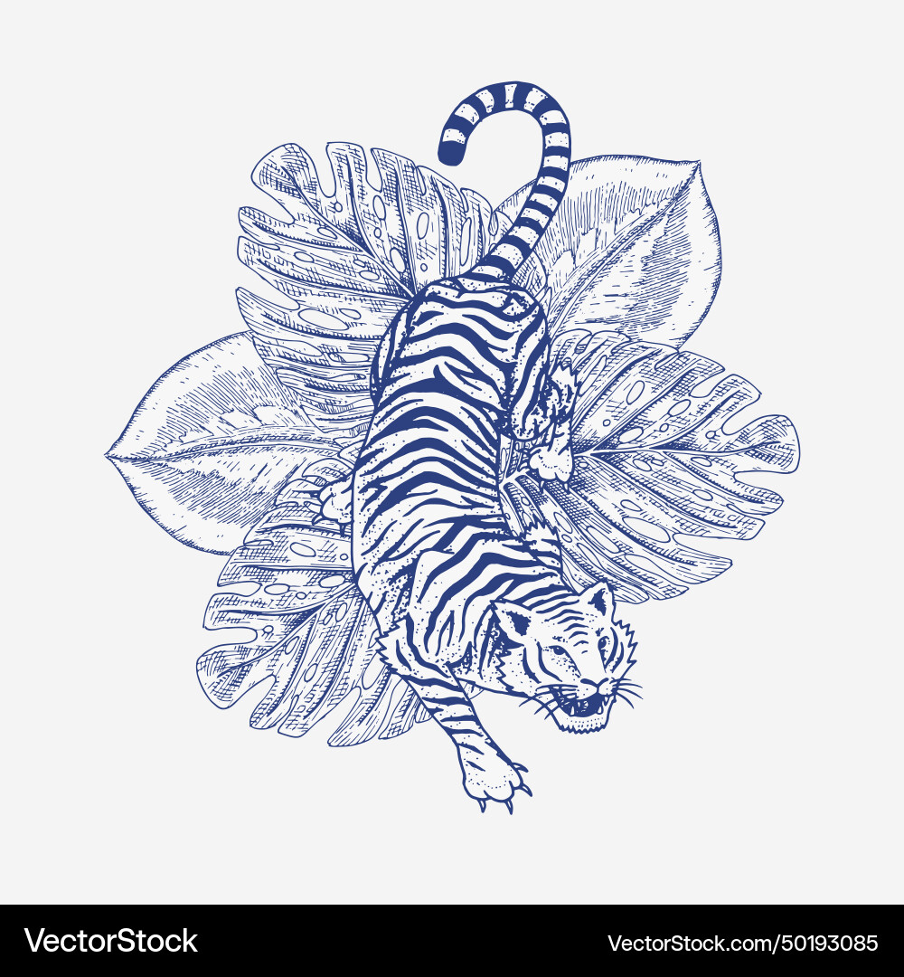Japanese tigers with tropical leaves wild animal Japanese tigers with tropical leaves wild animal Vector Image