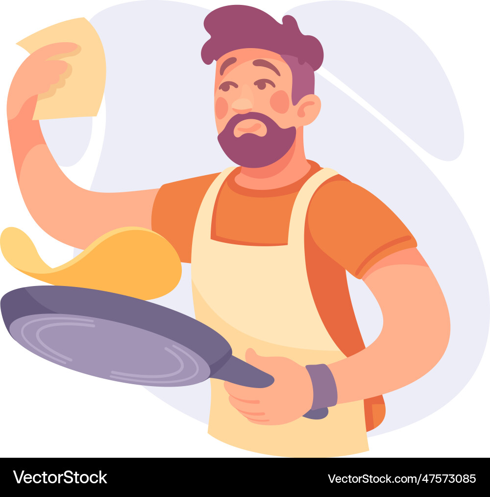 Man character doing housework frying pancakes Vector Image