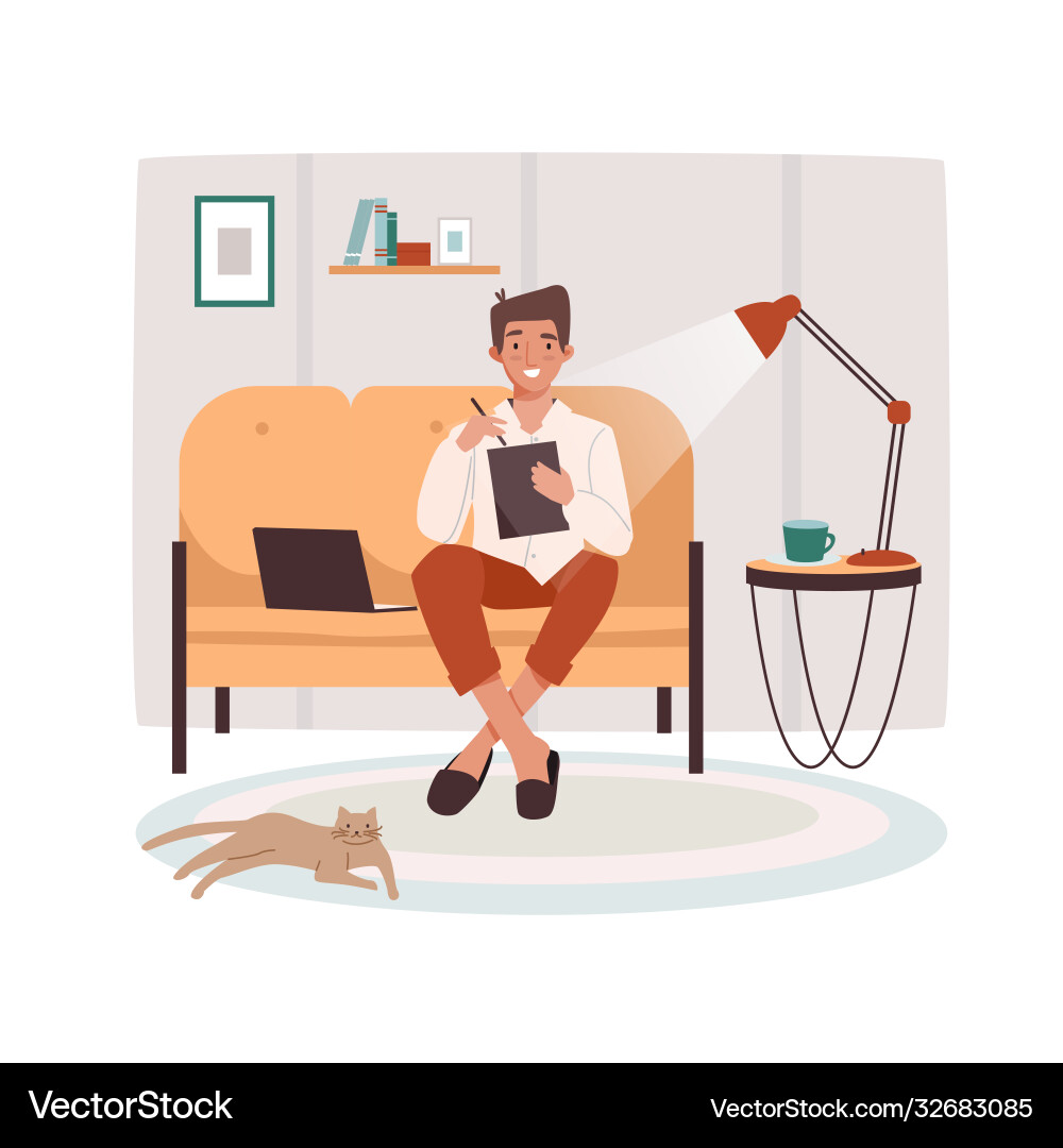 Remote worker at sofa with tablet and notebook Remote worker at sofa with tablet and notebook Vector Image