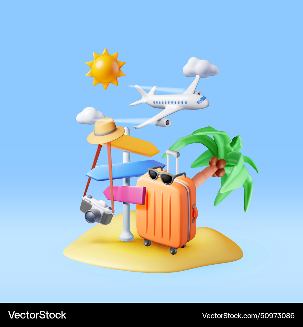 3d island with travel bag palm tree and pointer vector image