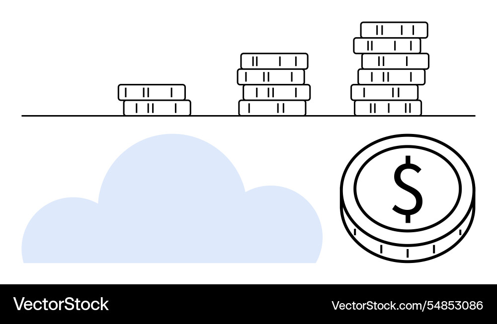 Growing coin stacks with cloud element Growing coin stacks with cloud element Vector Image