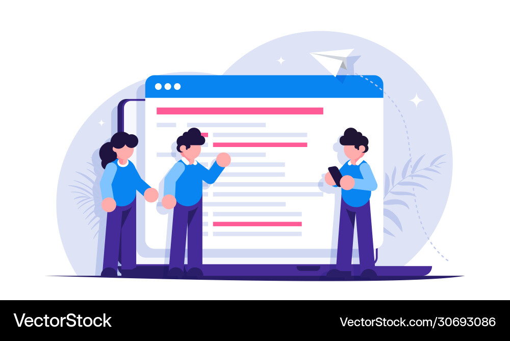Programmers discuss code on laptop screen Programmers discuss code on laptop screen vector image