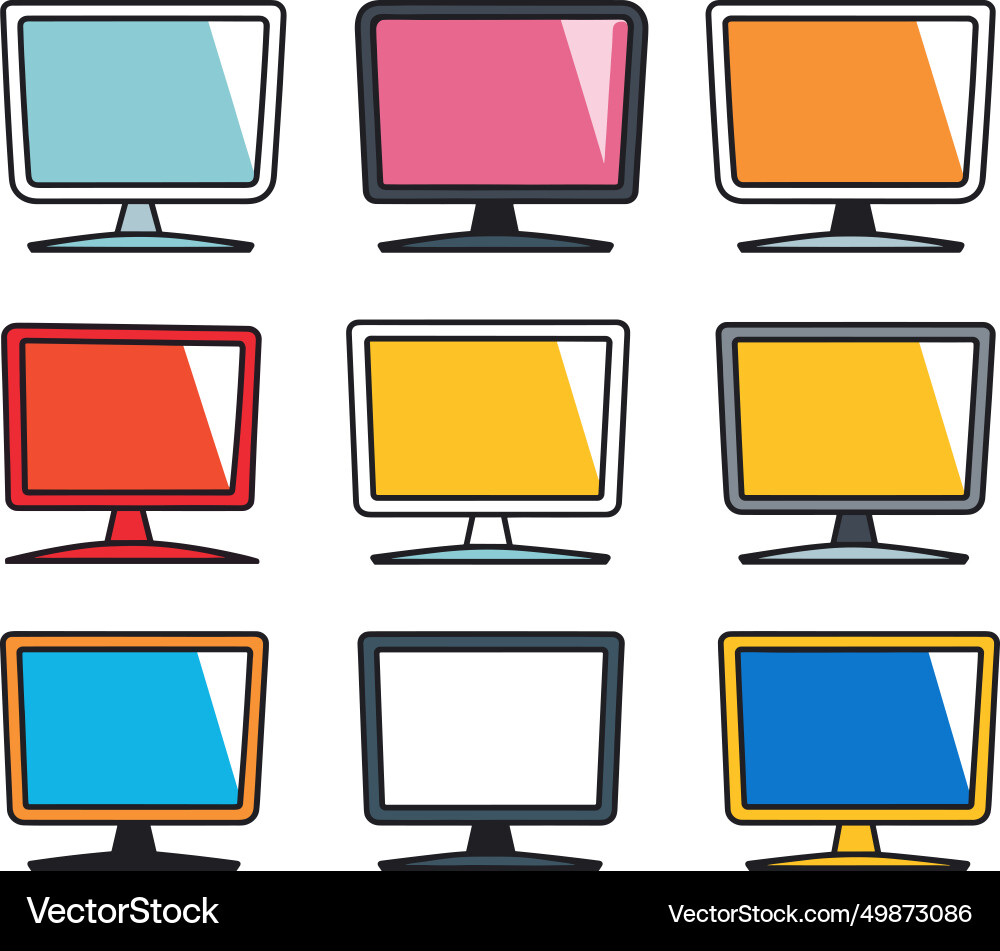Set of nine colorful computer monitors with blank vector image