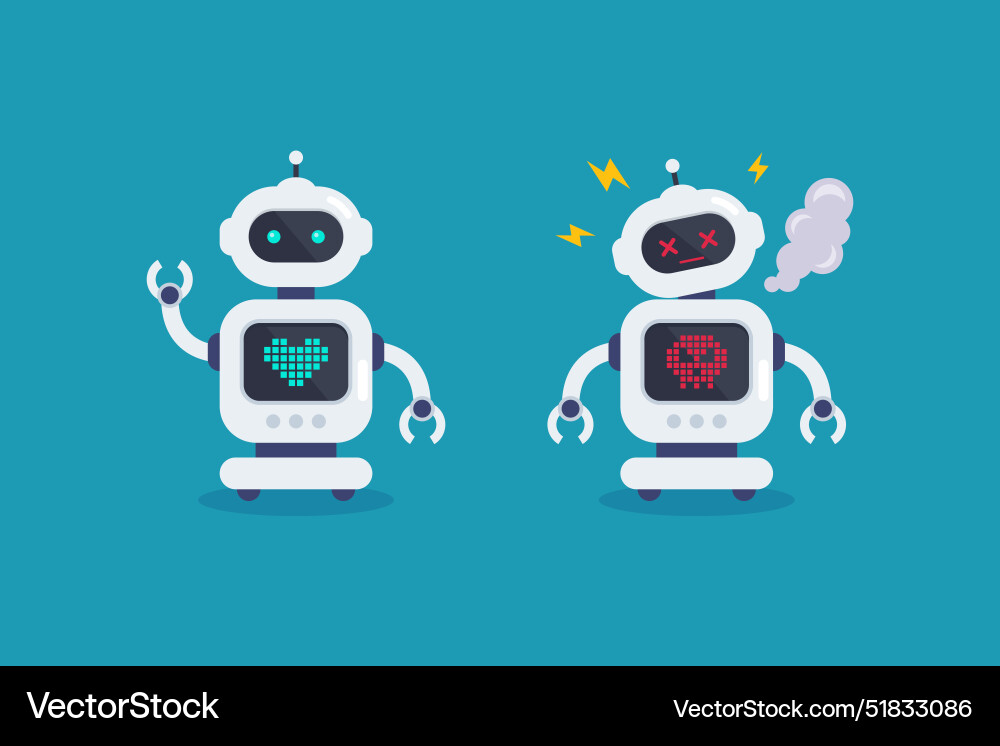 Set of normal robot and broken error Set of normal robot and broken error vector image