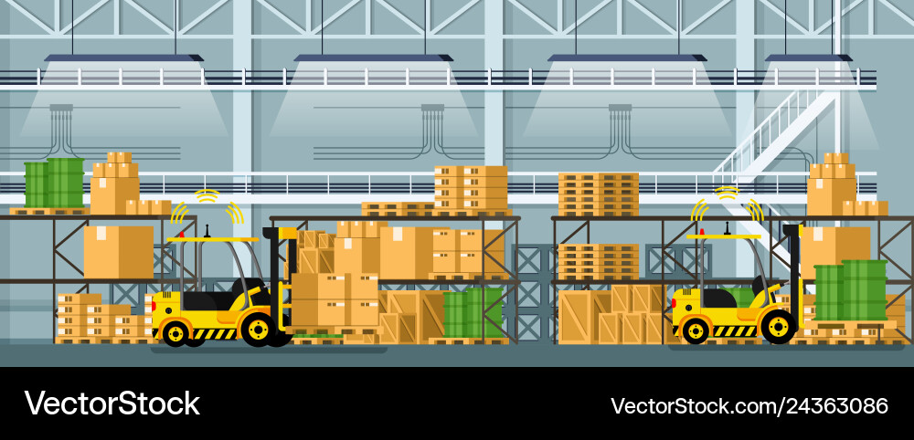 Warehouse automatic distribution forklift car Warehouse automatic distribution forklift car vector image