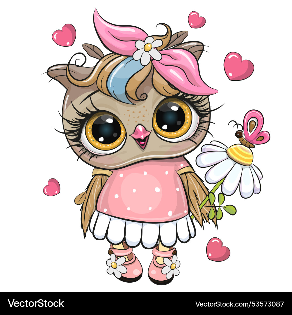 Cartoon owl with hearts and pink bow Cartoon owl with hearts and pink bow vector image