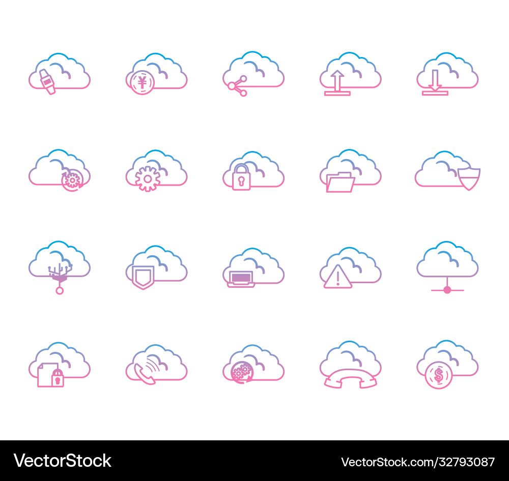 Cloud computing gradient style icon set vector image