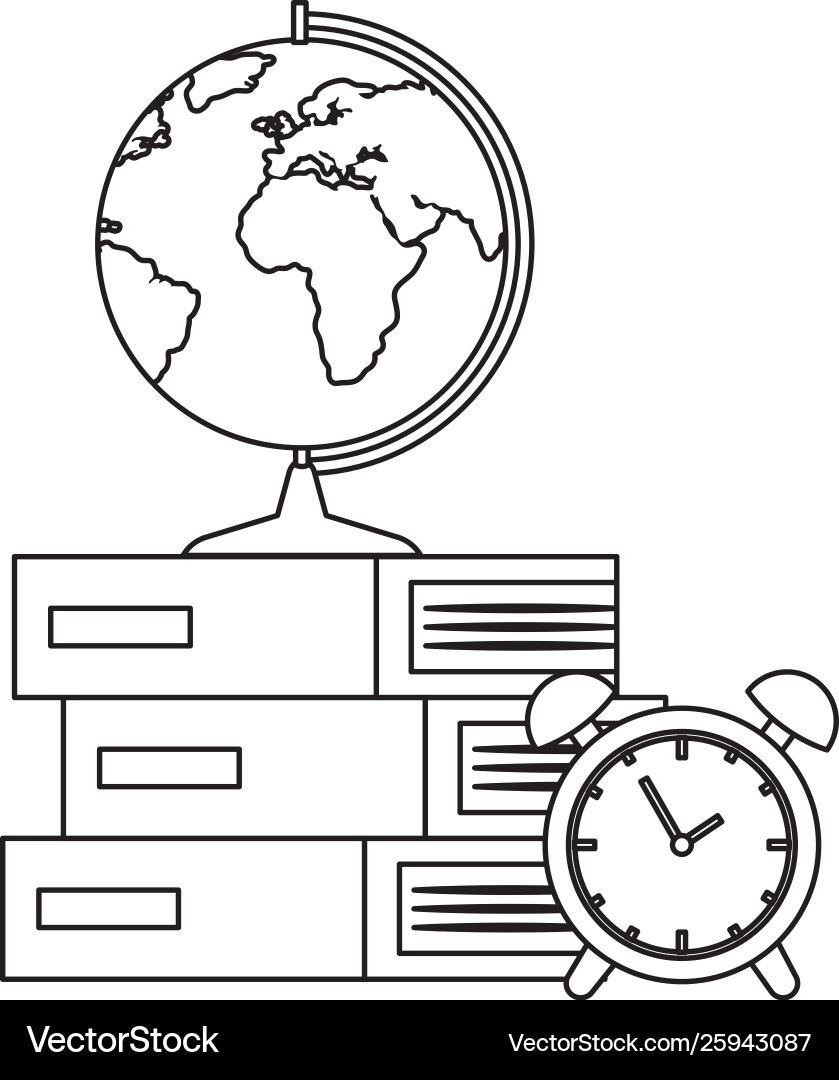 Pile textbooks with alarm clock and earth map Vector Image