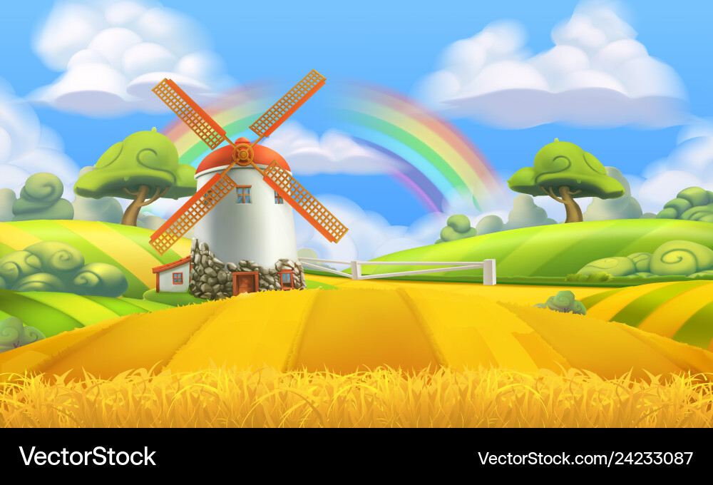 Rural Farm Landscape with Mill Royalty Free Vector Image