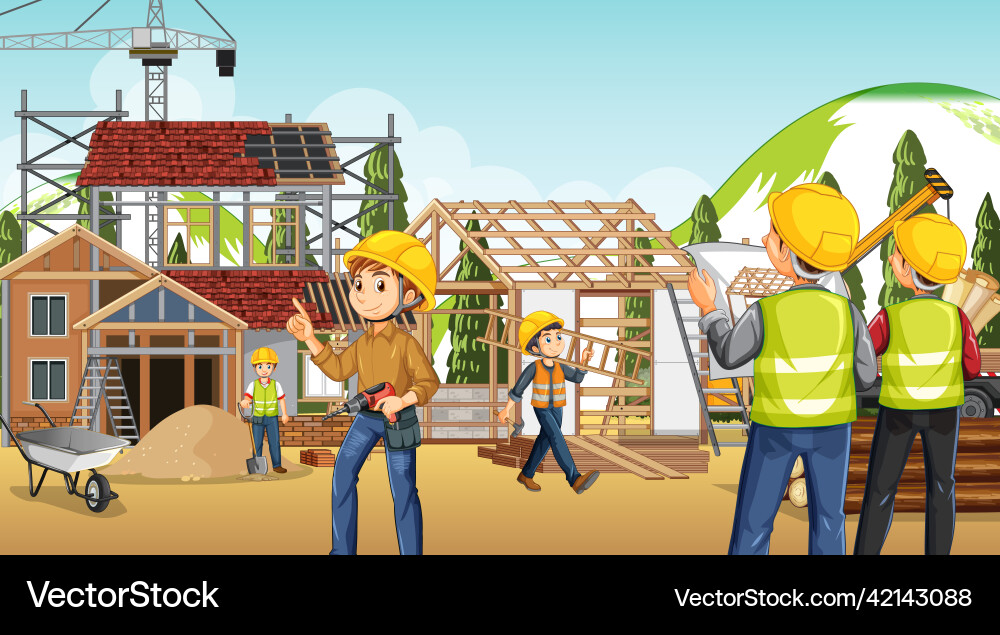 Building construction site with workers Building construction site with workers vector image