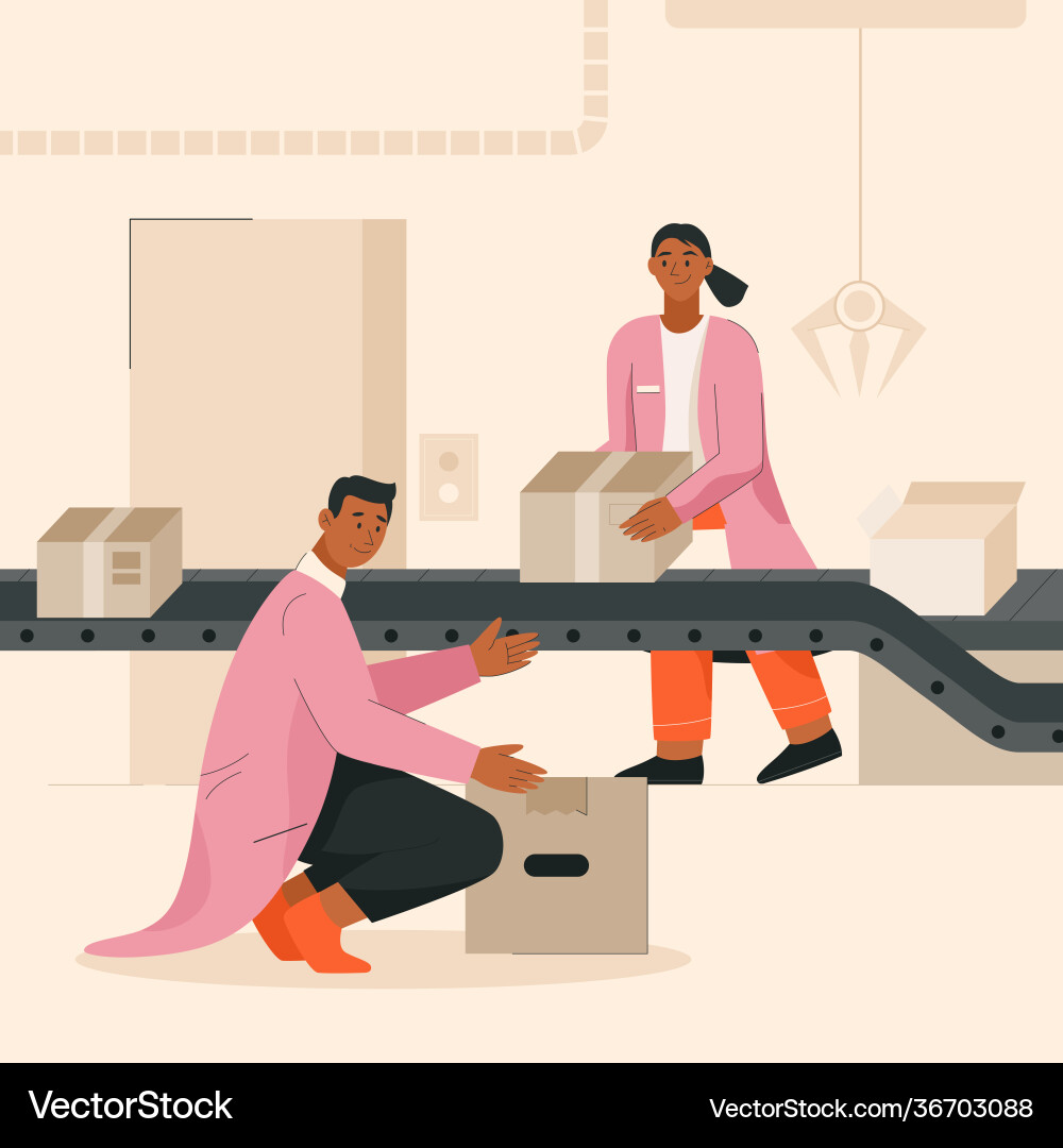 Workers working on conveyor at smart factory Vector Image