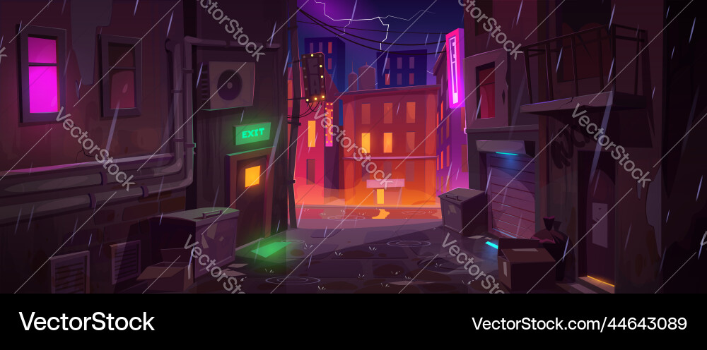 Back street alley with old houses in rain at night Back street alley with old houses in rain at night vector image